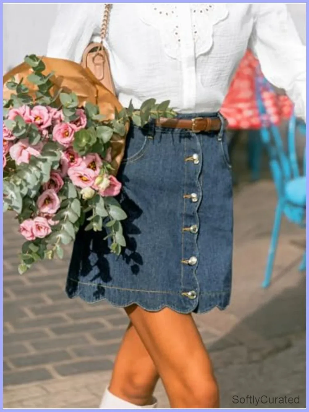 CUPSHE Denim Mini Skirt High Rise A-Line Scalloped Button Front Retro Chic